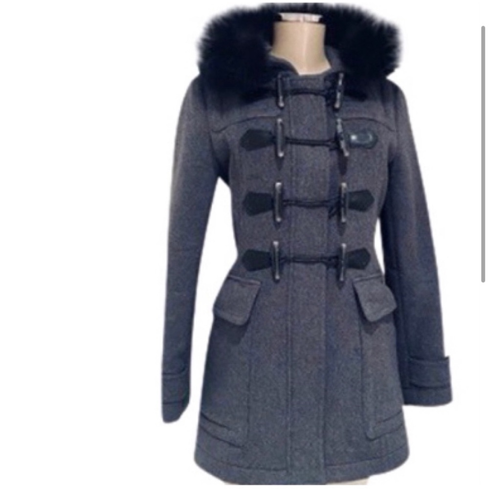 Burberry Brit Blackwell Wool Duffel with Fox Fur Trim Coat